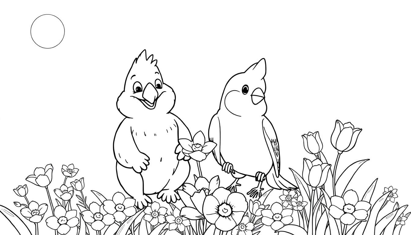 Um desenho de colorir de dois pássaros entre flores e grama, com um sol ou lua no canto superior esquerdo, parte de um color panel.