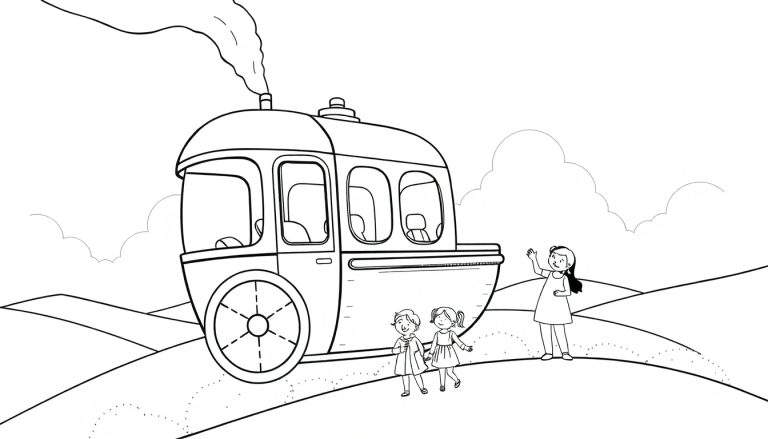 Ilustração a preto e branco de um comboio a vapor futurista com uma grande roda e fumo a sair da chaminé, com três meninas a acenar e a caminhar ao lado de colinas suaves. Um color panel de fantasia.