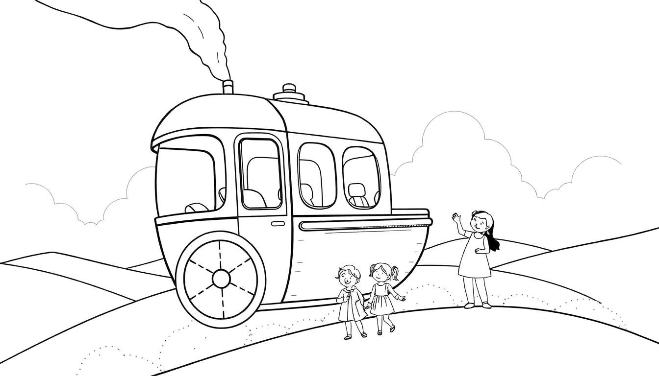 Ilustração a preto e branco de um comboio a vapor futurista com uma grande roda e fumo a sair da chaminé, com três meninas a acenar e a caminhar ao lado de colinas suaves. Um color panel de fantasia.