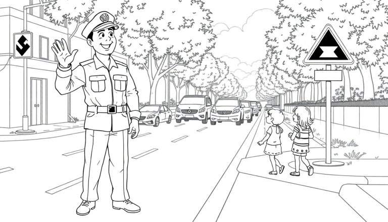 Ilustração em preto e branco de um policial sorrindo acenando para crianças em uma rua com carros parados e sinais de trânsito. O color panel mostra uma cena de segurança.