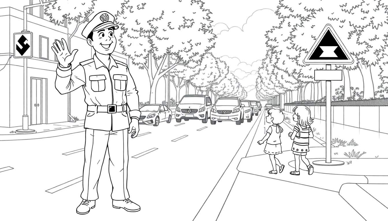 Ilustração em preto e branco de um policial sorrindo acenando para crianças em uma rua com carros parados e sinais de trânsito. O color panel mostra uma cena de segurança.