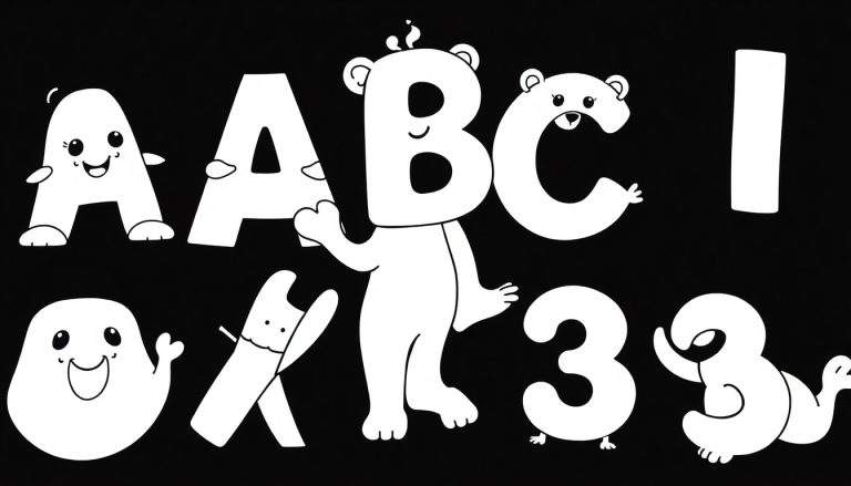 Ilustração infantil em preto e branco com letras e números com rostos de desenhos animados e formas divertidas, como fantasmas e ursos.