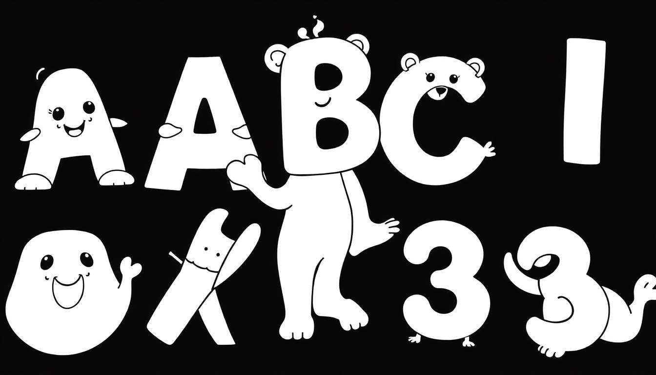 Ilustração infantil em preto e branco com letras e números com rostos de desenhos animados e formas divertidas, como fantasmas e ursos.
