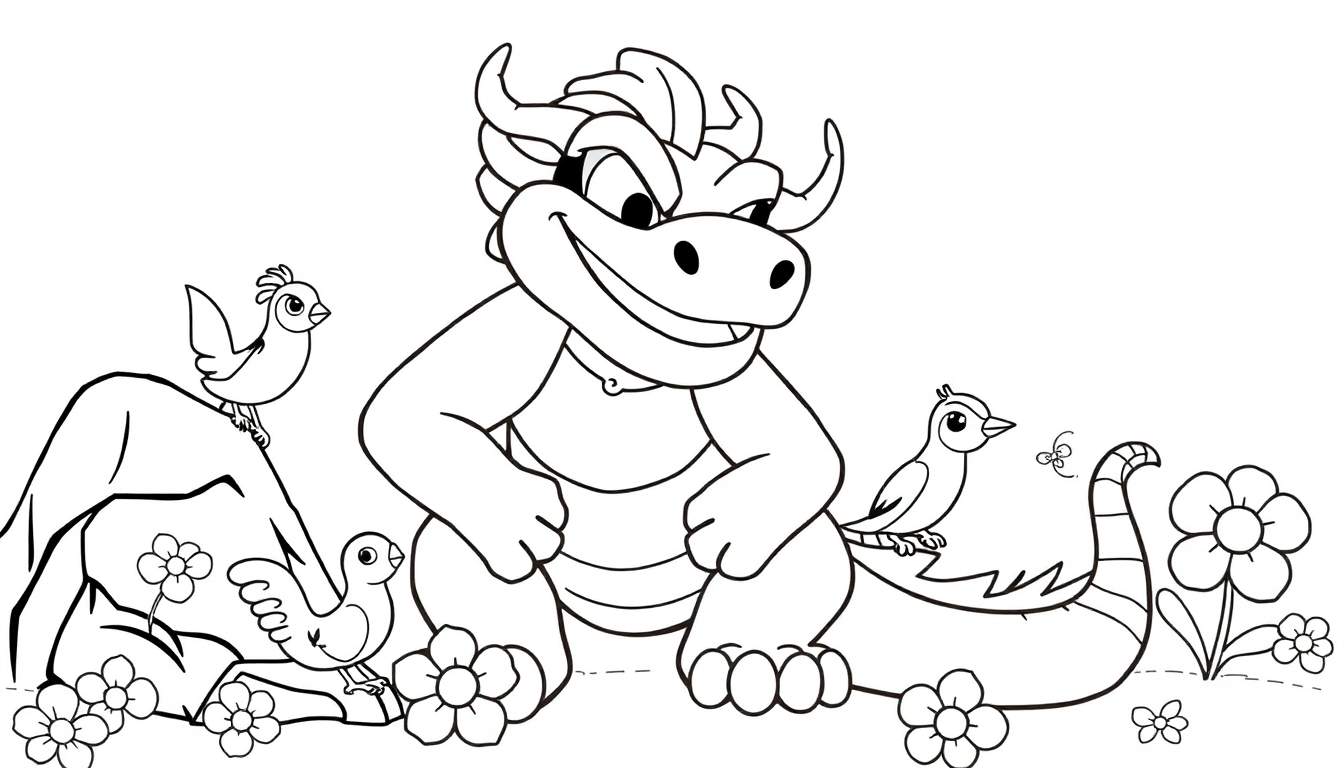 Um dragão amigável desenhado a preto e branco, sentado, rodeado por elementos naturais e amigos pássaros e insetos. Ideal para colorir em um color panel.