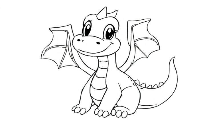 Um dragão de desenho animado amigável em preto e branco, sentado com as asas abertas.