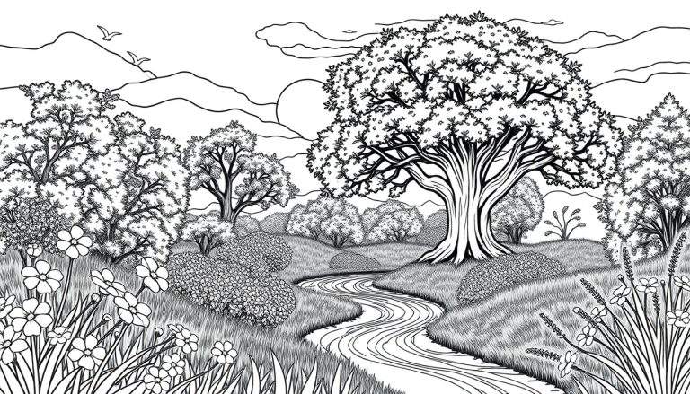 Um desenho detalhado em preto e branco de uma paisagem com flores, grama, um riacho sinuoso, árvores densas, montanhas distantes e um sol espreitando, com pássaros e nuvens no céu. O color panel adiciona profundidade a esta cena serena.