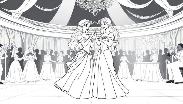 Ilustração em preto e branco de duas jovens princesas de mãos dadas em um salão de baile, com um color panel ao redor delas.