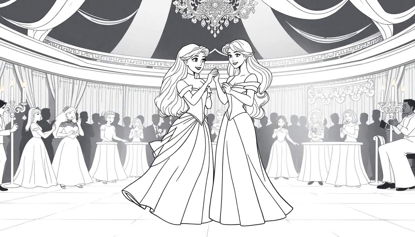 Ilustração em preto e branco de duas jovens princesas de mãos dadas em um salão de baile, com um color panel ao redor delas.