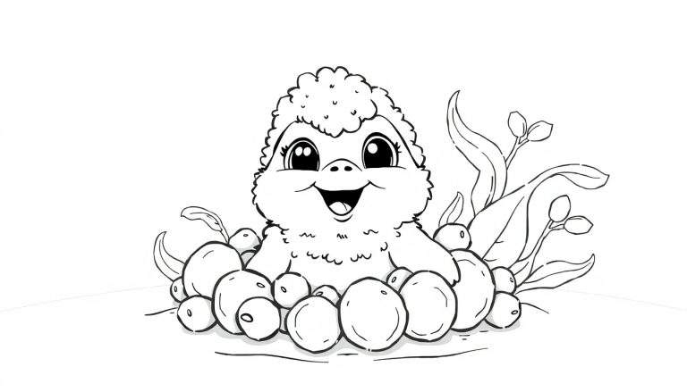 Um filhote de pássaro sorridente sentado entre bolas redondas, um desenho de linha simples para colorir, um color panel divertido.