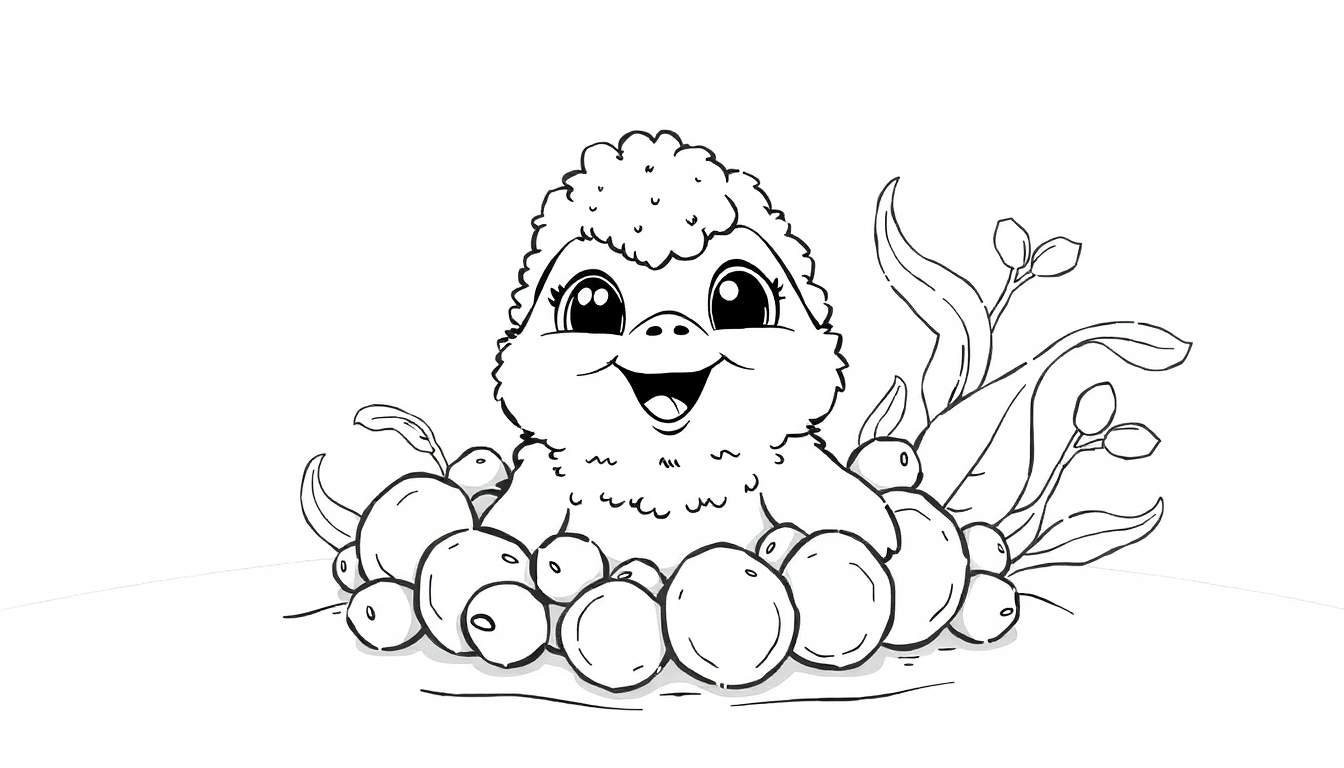 Um filhote de pássaro sorridente sentado entre bolas redondas, um desenho de linha simples para colorir, um color panel divertido.