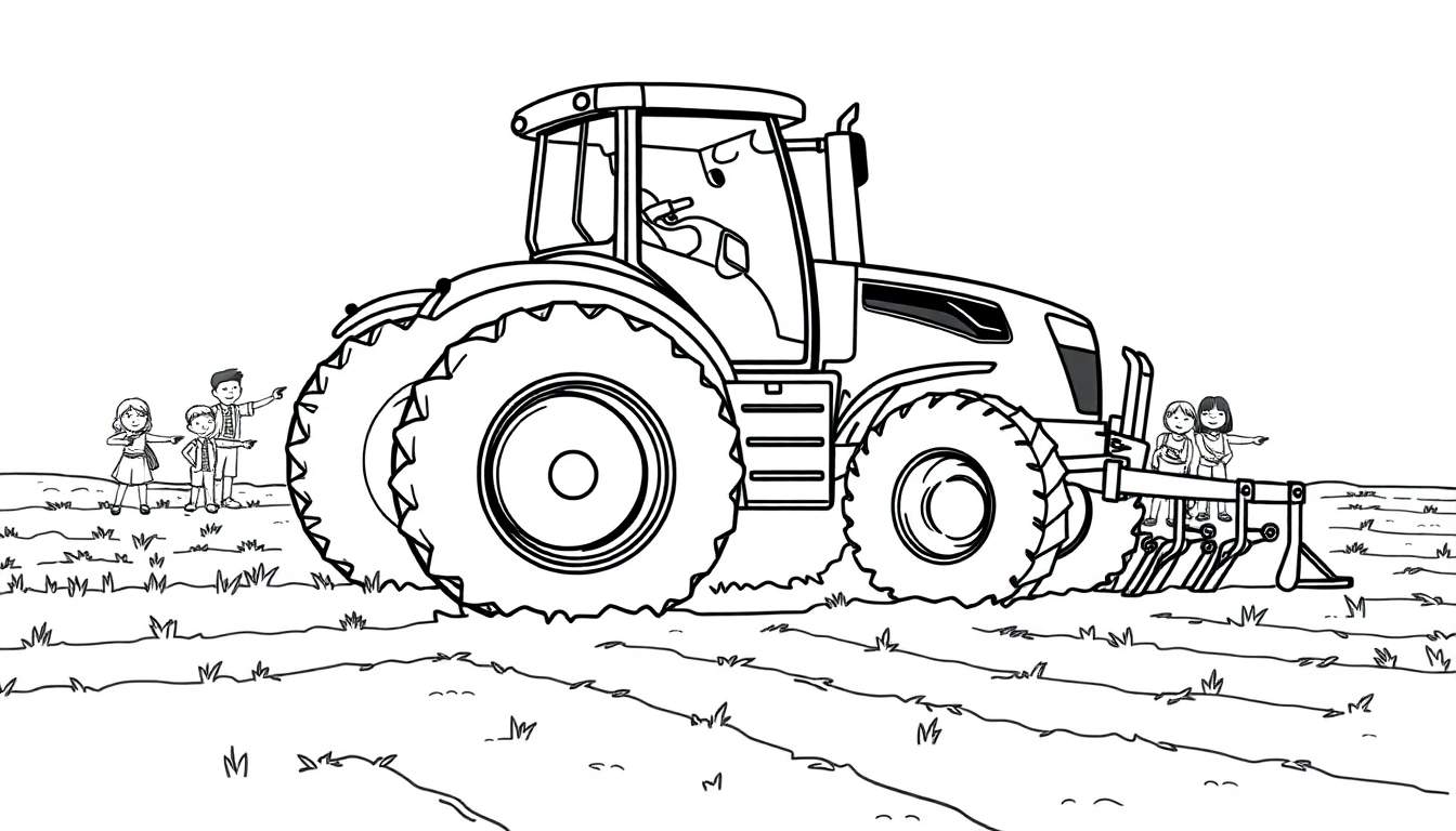Um trator grande e moderno em um campo arando a terra, com crianças curiosas observando. Este é um color panel para pintar!
