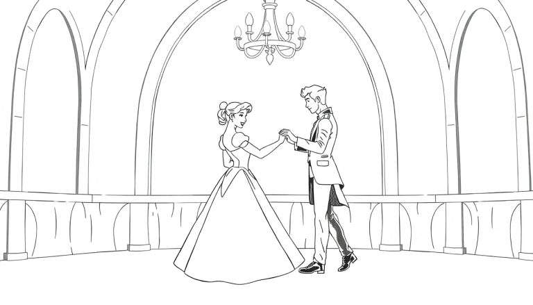 Desenho de um casal dançando em um salão de baile elegante, pronto para colorir. O casal está no centro, cercado por uma decoração de festa clássica.