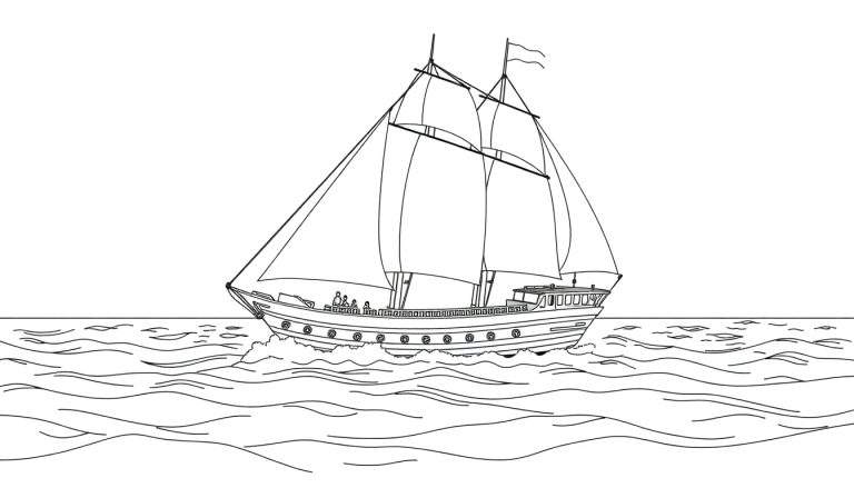 Um desenho a preto e branco de um grande veleiro com várias velas e dois mastros, navegando em água agitada. Pessoas estão no convés e o casco tem um padrão de círculos. O céu está em branco.