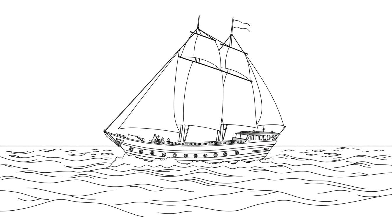 Um desenho a preto e branco de um grande veleiro com várias velas e dois mastros, navegando em água agitada. Pessoas estão no convés e o casco tem um padrão de círculos. O céu está em branco.