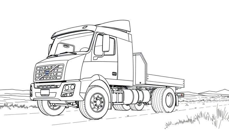 Um desenho de linha de um caminhão Volvo grande e quadrado em uma estrada com grama nas bordas e colinas ao fundo. Inclui um color panel.