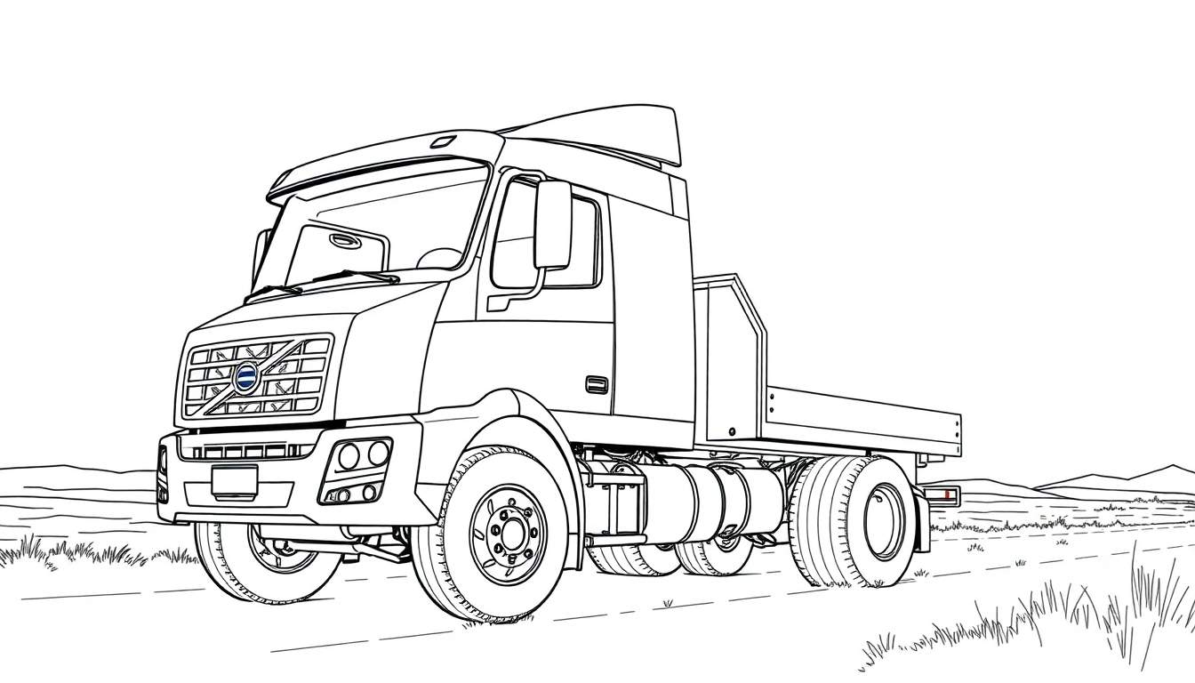 Um desenho de linha de um caminhão Volvo grande e quadrado em uma estrada com grama nas bordas e colinas ao fundo. Inclui um color panel.