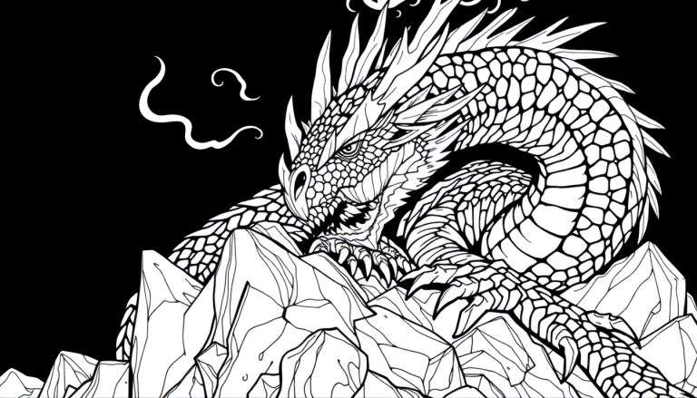 Um dragão preto e branco em relevo, com olhos penetrantes e dentes afiados, está empoleirado numa montanha de rochas acentuadas. Duas formas onduladas de fumo ou rabiscos pairam no canto superior esquerdo. Este color panel é dramático.