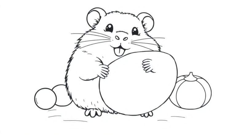 Um hamster fofo segurando uma cenoura, com uma bolinha e uma abóbora ao lado, em um color panel.