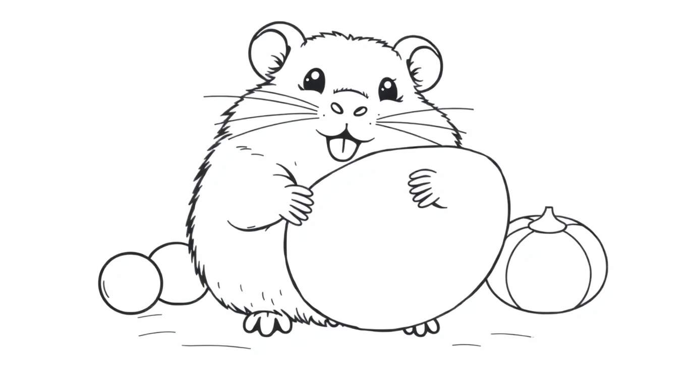 Um hamster fofo segurando uma cenoura, com uma bolinha e uma abóbora ao lado, em um color panel.