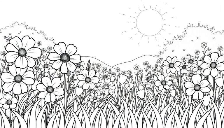 Um campo de flores desenhado em preto e branco, pronto para colorir, com colinas e sol ao fundo. Este color panel convida à criatividade.