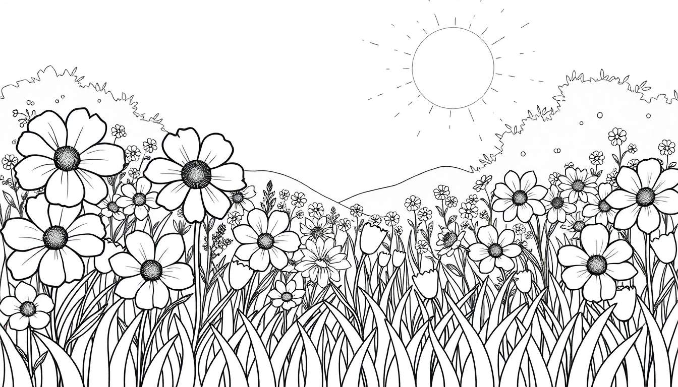 Um campo de flores desenhado em preto e branco, pronto para colorir, com colinas e sol ao fundo. Este color panel convida à criatividade.