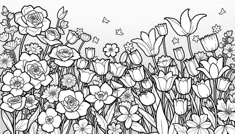 Desenho de linha de um campo de flores com rosas, tulipas e margaridas, algumas borboletas color panel.