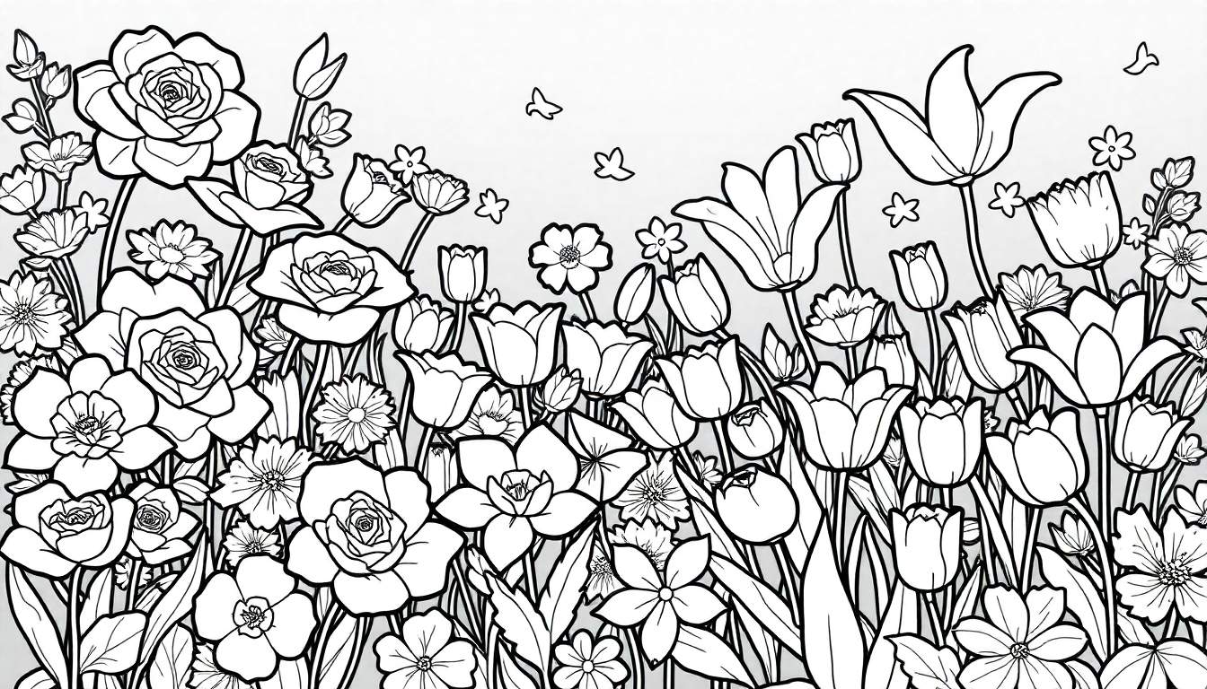 Desenho de linha de um campo de flores com rosas, tulipas e margaridas, algumas borboletas color panel.
