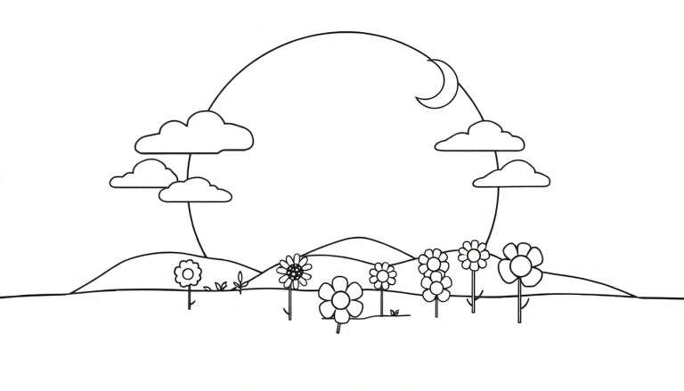 Um desenho preto e branco de um campo de flores simples com colinas onduladas ao fundo, nuvens e uma lua crescente no céu, com uma linha arqueada conectando-os.