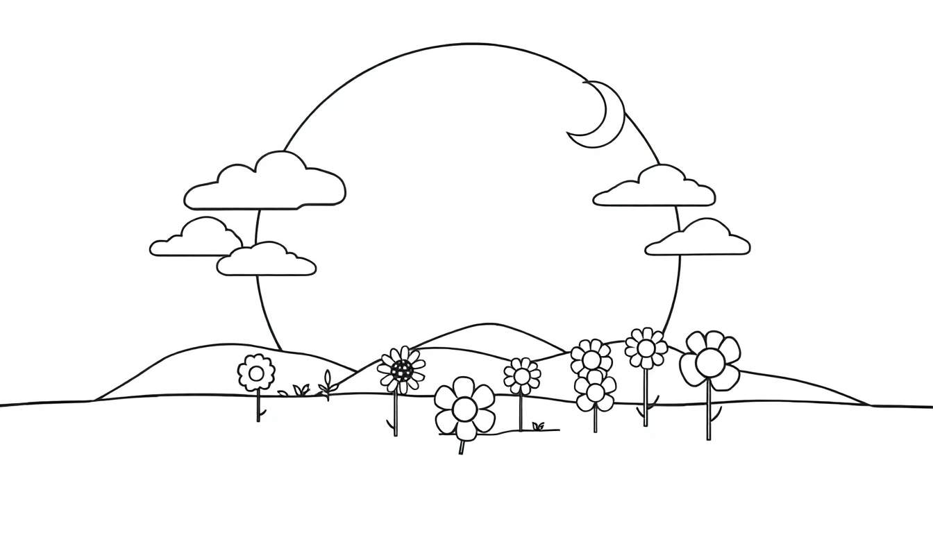 Um desenho preto e branco de um campo de flores simples com colinas onduladas ao fundo, nuvens e uma lua crescente no céu, com uma linha arqueada conectando-os.
