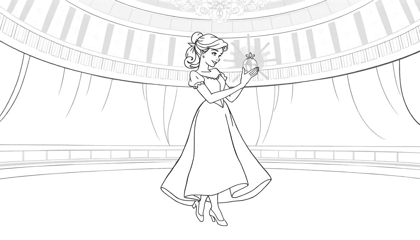 Desenho em preto e branco de Cinderela em um vestido elegante com mangas bufantes, segurando uma bola brilhante, em um salão de baile.