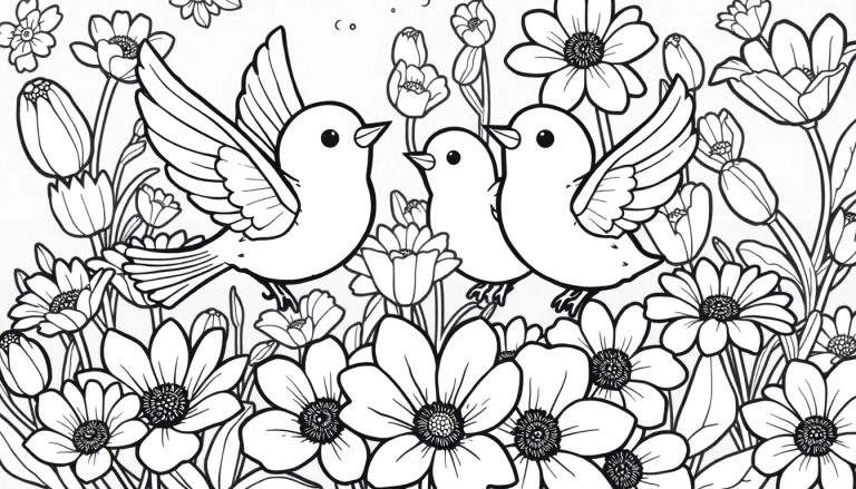 Um color panel de um desenho em preto e branco de três passarinhos fofos rodeados por flores.