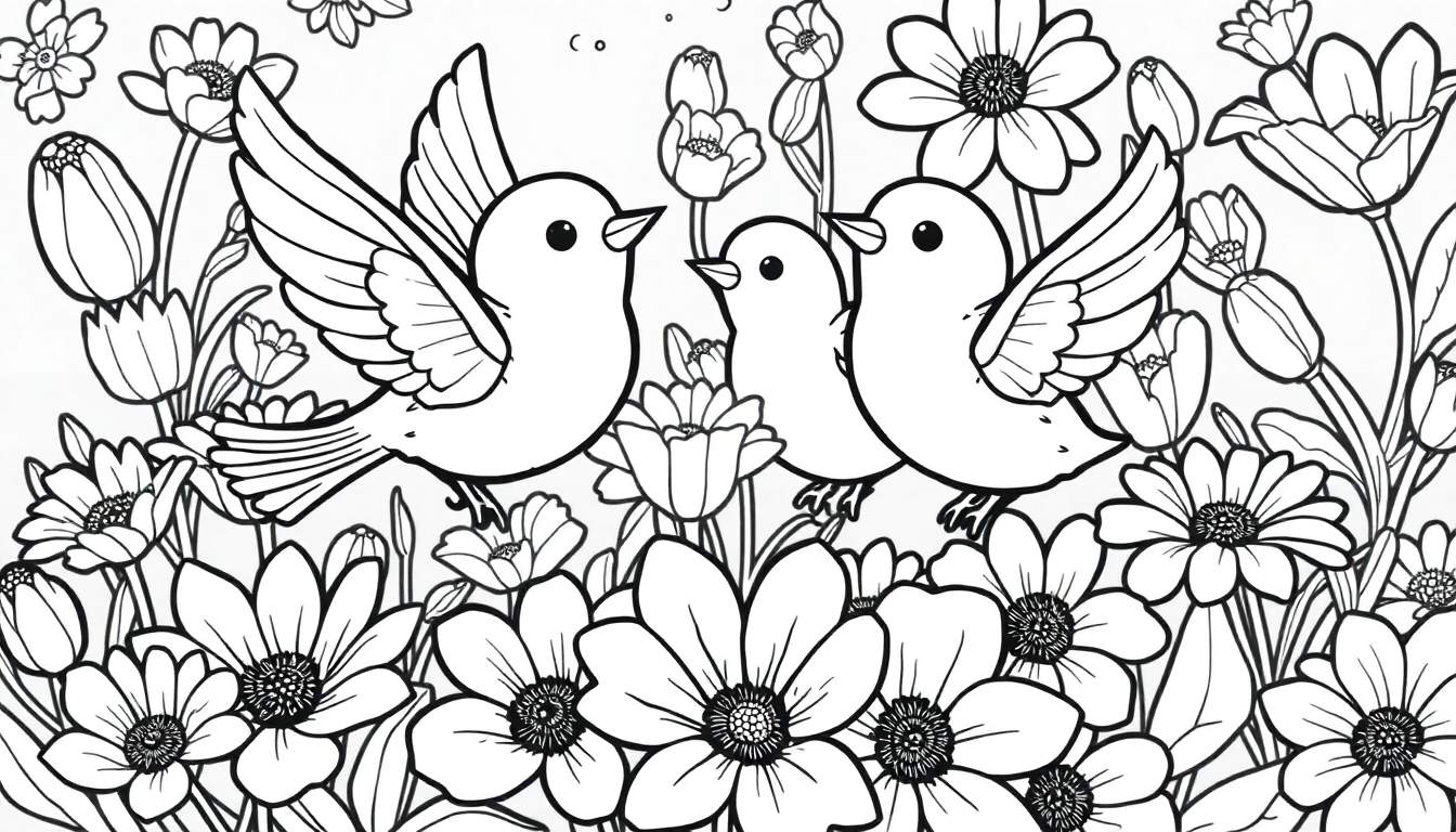 Um color panel de um desenho em preto e branco de três passarinhos fofos rodeados por flores.