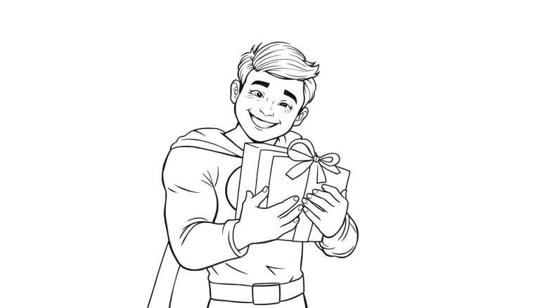 Um jovem herói sorridente, em preto e branco, com uma capa esvoaçante, segurando um presente embrulhado. O color panel está pronto para ser pintado.
