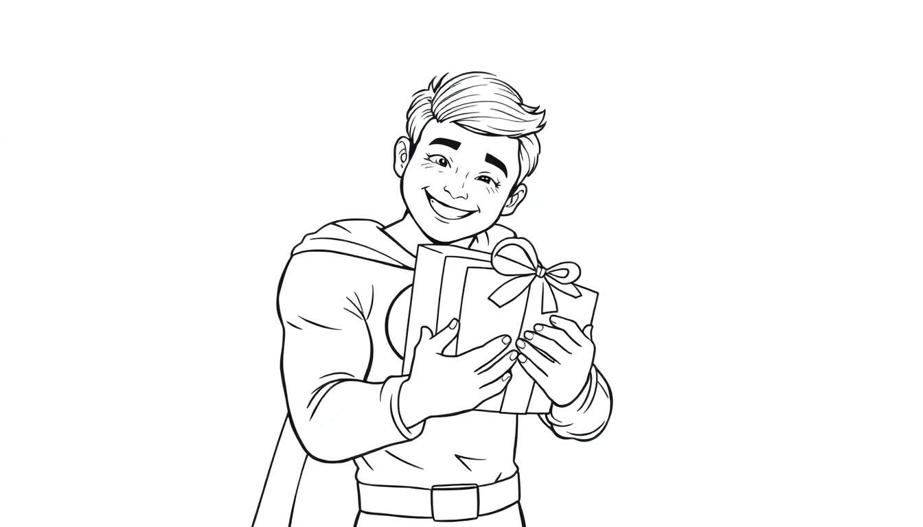 Um jovem herói sorridente, em preto e branco, com uma capa esvoaçante, segurando um presente embrulhado. O color panel está pronto para ser pintado.