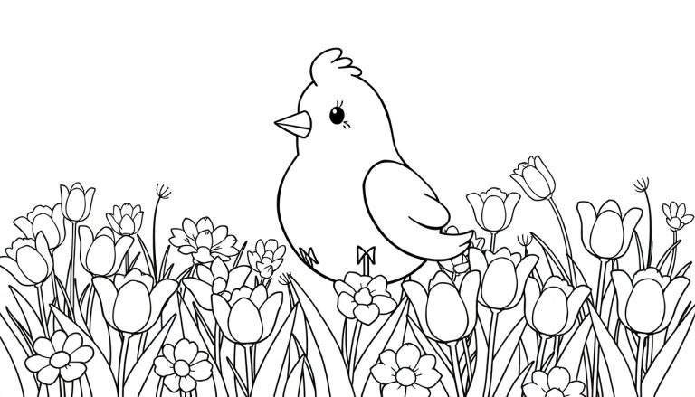 Um pequeno passarinho desenhado a preto e branco num campo de flores com uma crista na cabeça, rodeado por tulipas e margaridas. Um color panel.
