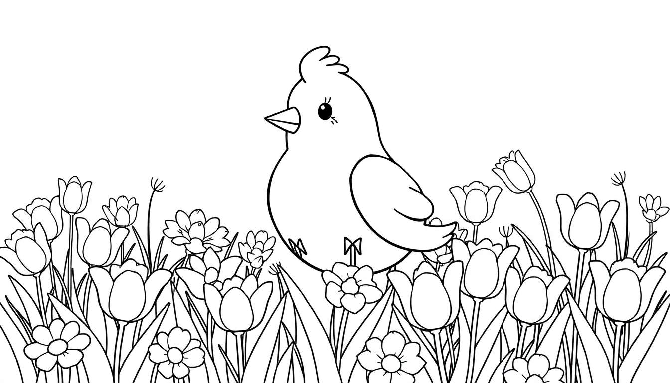 Um pequeno passarinho desenhado a preto e branco num campo de flores com uma crista na cabeça, rodeado por tulipas e margaridas. Um color panel.