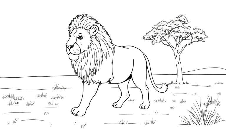 Um leão majestoso caminha pela savana, desenhado em preto e branco.