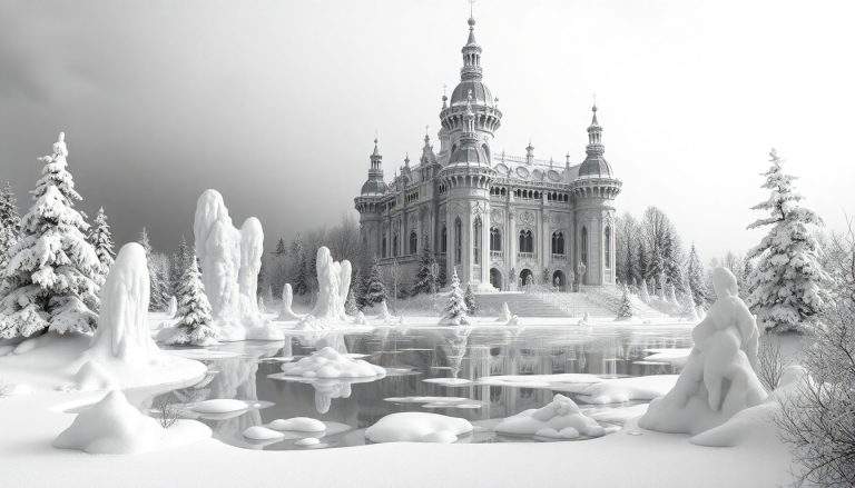 Um castelo de inverno com torres e uma cúpula, refletindo numa água parcialmente congelada, rodeado por pinheiros cobertos de neve. O céu está nublado, e a imagem está em preto e branco.