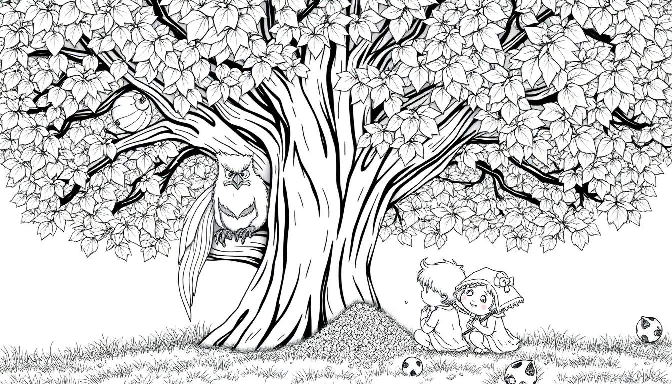 Ilustração em preto e branco de crianças brincando sob uma árvore com uma coruja observando.
