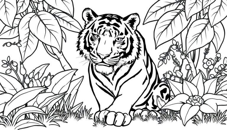 Um desenho de contorno de um tigre com listras pretas em um ambiente de selva verde, pronto para colorir. Um color panel vibrante espera por você!