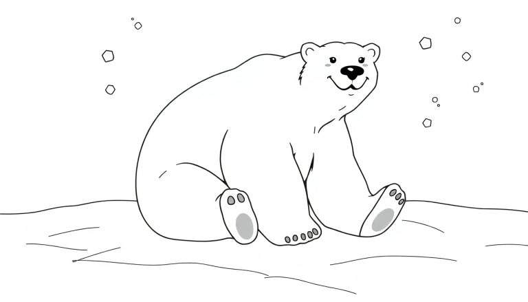Um desenho em preto e branco de um urso polar sorridente sentado num banco de neve com flocos de neve a flutuar no ar. color panel