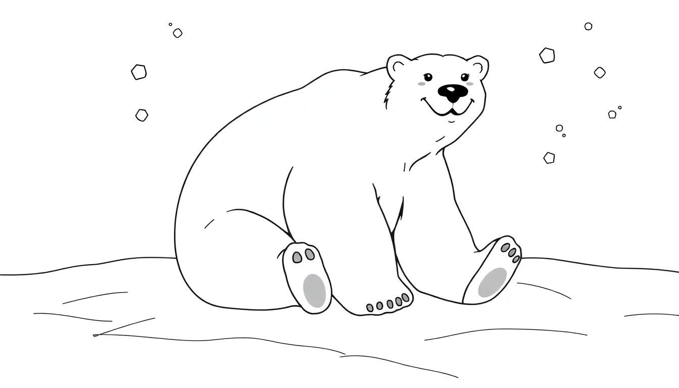 Um desenho em preto e branco de um urso polar sorridente sentado num banco de neve com flocos de neve a flutuar no ar. color panel