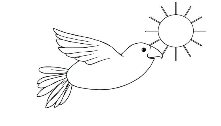 Um desenho em preto e branco de uma pomba voando em direção a um sol radiante, um color panel de esperança.