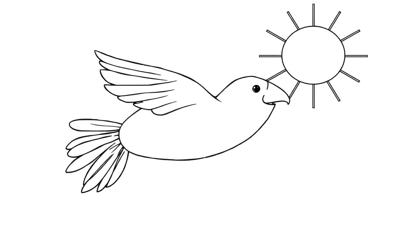 Um desenho em preto e branco de uma pomba voando em direção a um sol radiante, um color panel de esperança.