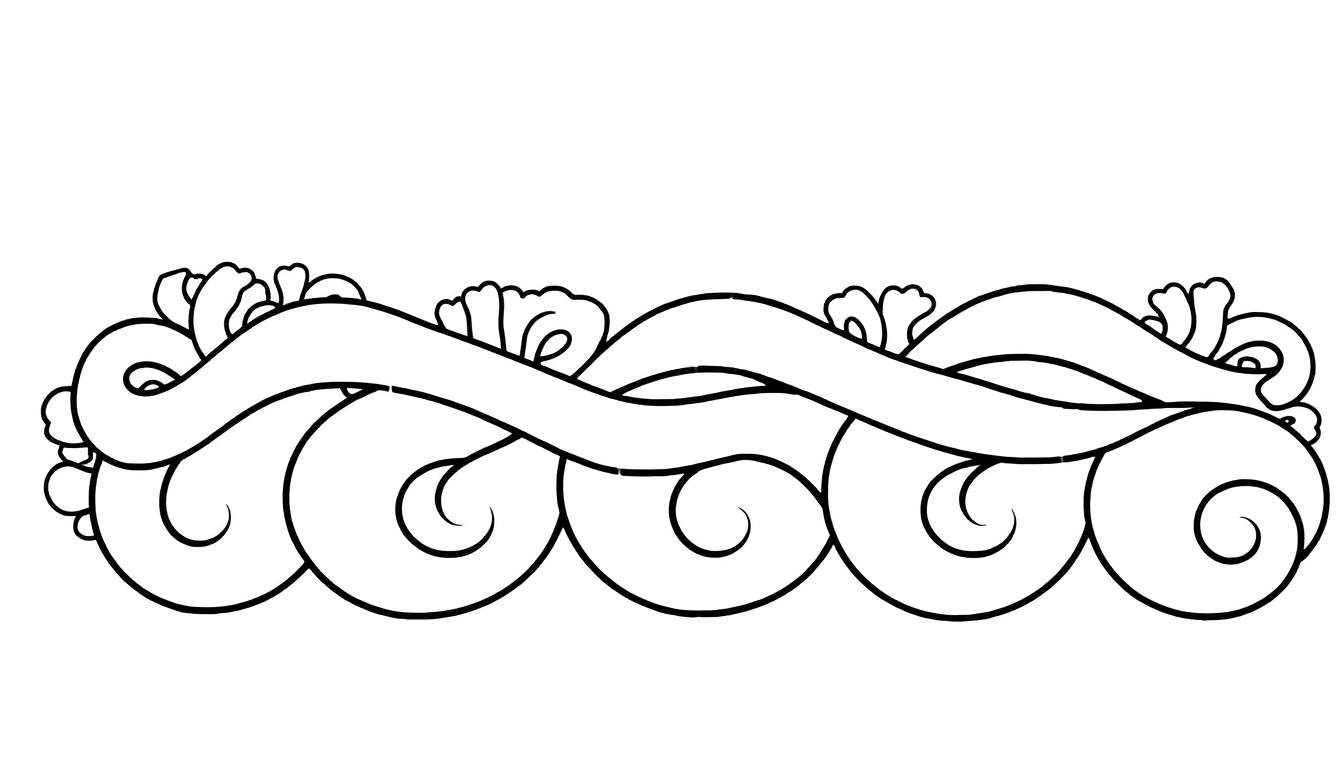 Desenho linear de ondas estilizadas com uma faixa decorada por folhagem e elementos de color panel.