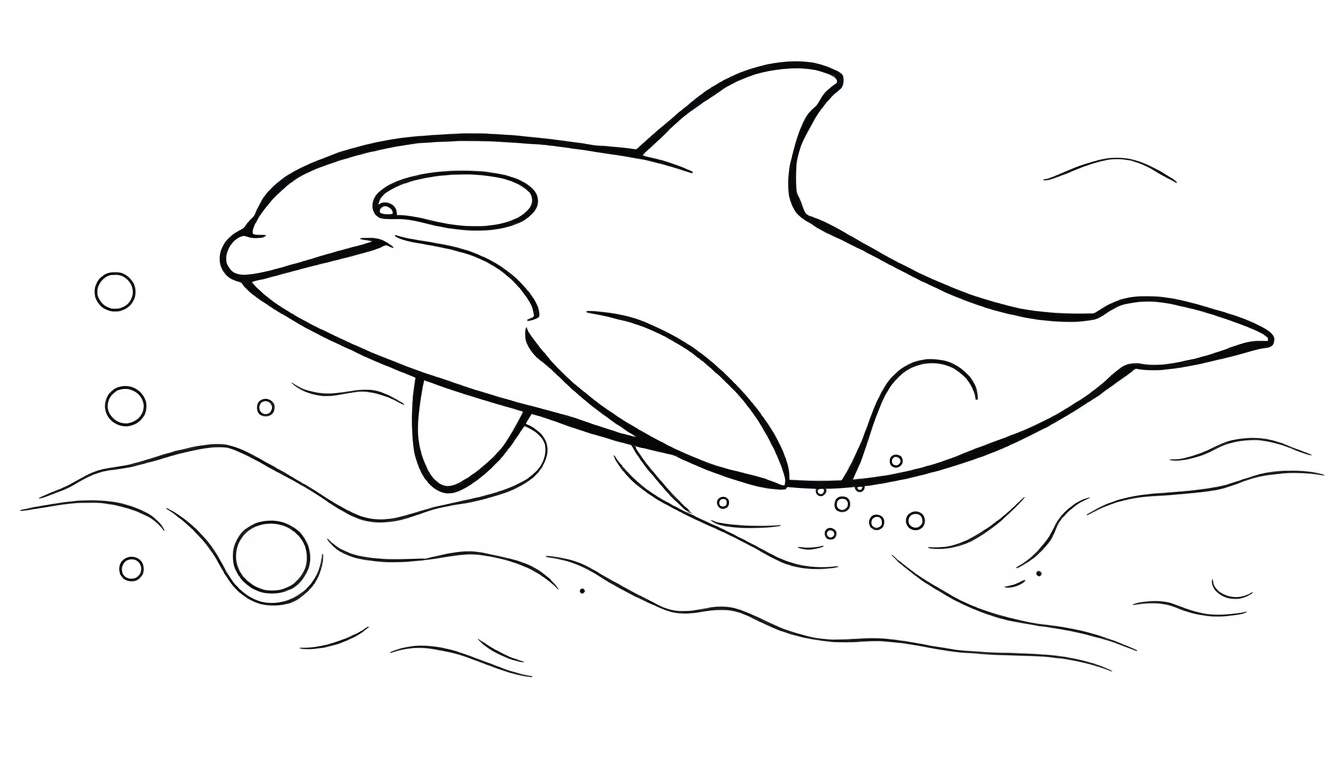 Uma orca saltando para fora da água, desenhada em preto e branco com contornos simples, perfeita para um color panel.
