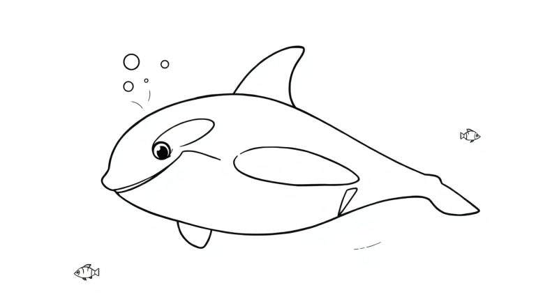 Ilustração em preto e branco de uma orca amigável nadando, com bolhas e peixes, perfeita para um color panel.