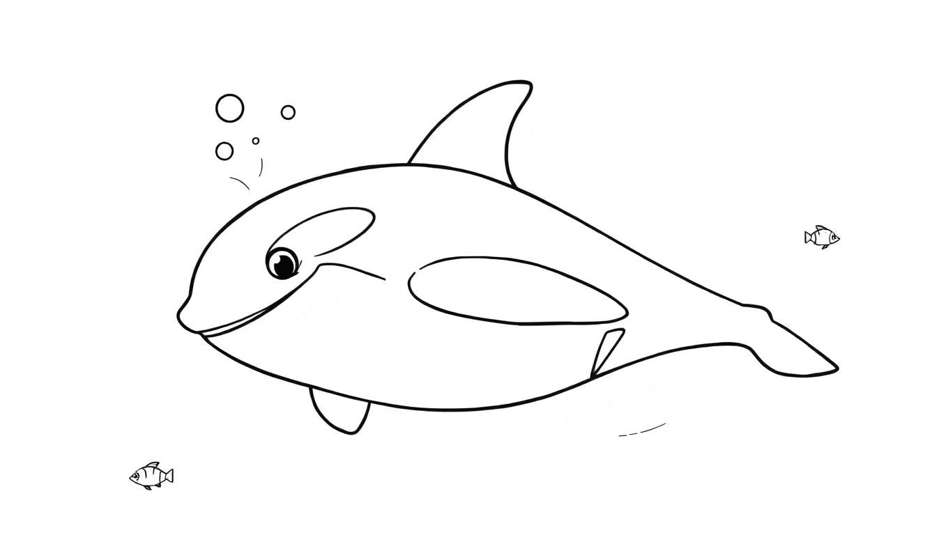 Ilustração em preto e branco de uma orca amigável nadando, com bolhas e peixes, perfeita para um color panel.