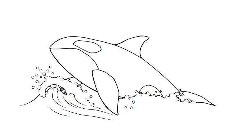 Desenho em preto e branco de uma orca pulando fora da água, com respingos e bolhas ao redor.