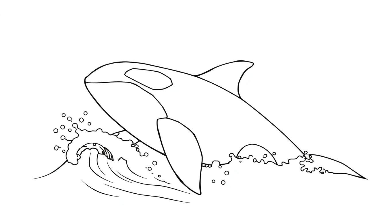 Desenho em preto e branco de uma orca pulando fora da água, com respingos e bolhas ao redor.
